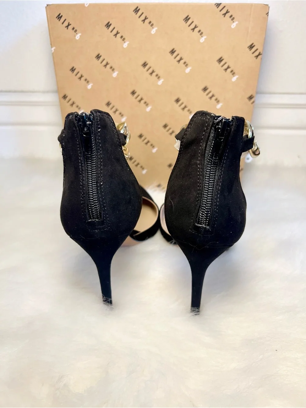 Mix No. 6 Dinla Black Suede Pointed-Toe Pump with Gold Crystal Chain Ankle Strap